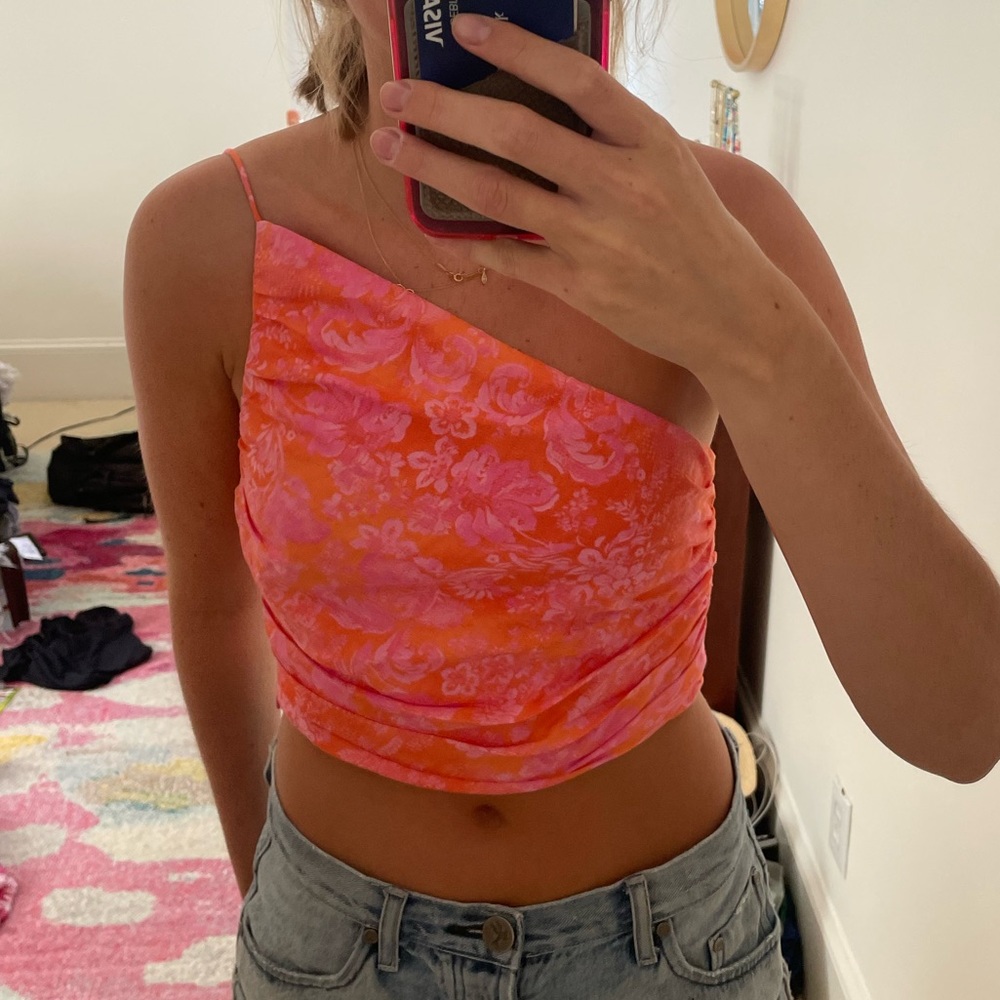 NWT Zara Pink and Orange Floral Pattern One Shoulder Crop Top